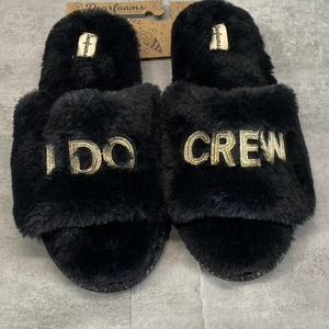 Dearfoams Women's Black Faux-Fur Memory Foam I do Crew Slide Slippers SZ XL